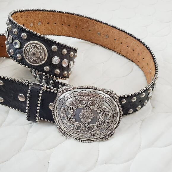 Vintage Women\'s Leather Belt Detailed Rhinestone Flower Studded Black & Silver main image 10